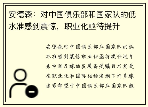 安德森：对中国俱乐部和国家队的低水准感到震惊，职业化亟待提升