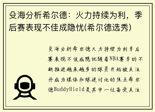 殳海分析希尔德：火力持续为利，季后赛表现不佳成隐忧(希尔德选秀)