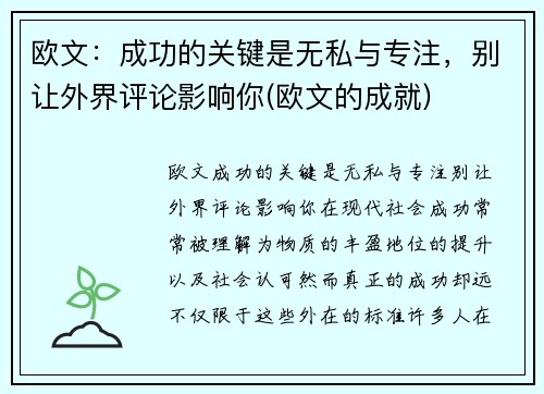 欧文：成功的关键是无私与专注，别让外界评论影响你(欧文的成就)