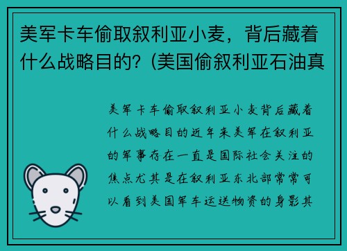 美军卡车偷取叙利亚小麦，背后藏着什么战略目的？(美国偷叙利亚石油真相)