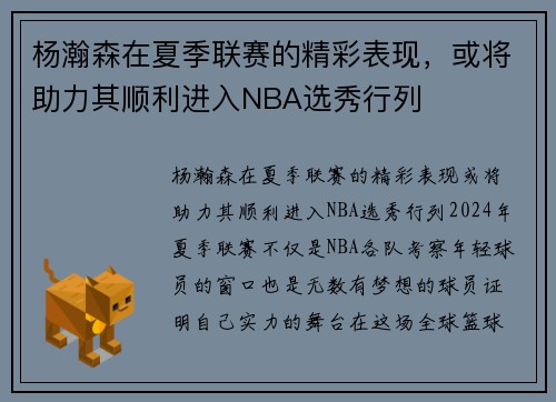 杨瀚森在夏季联赛的精彩表现，或将助力其顺利进入NBA选秀行列
