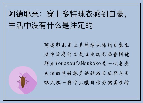 阿德耶米：穿上多特球衣感到自豪，生活中没有什么是注定的